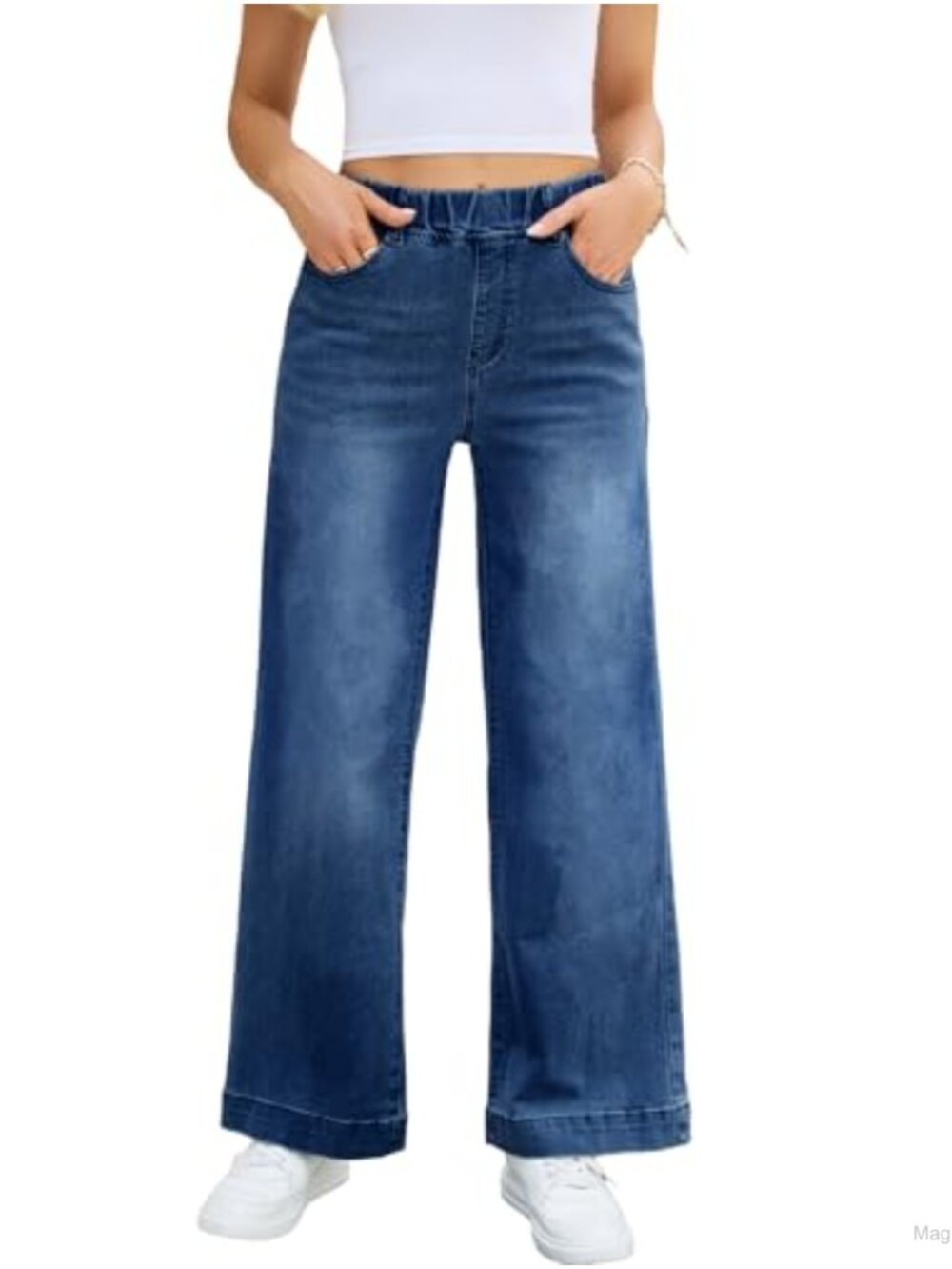 High Waisted Wide Leg Pull On Jeans Elastic Waist Stretch Denim Pants